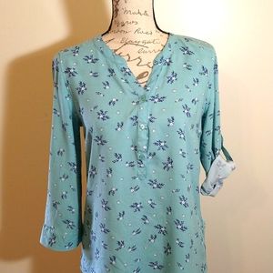 Small Blue Floral Button Up Tab Roll Sleeves